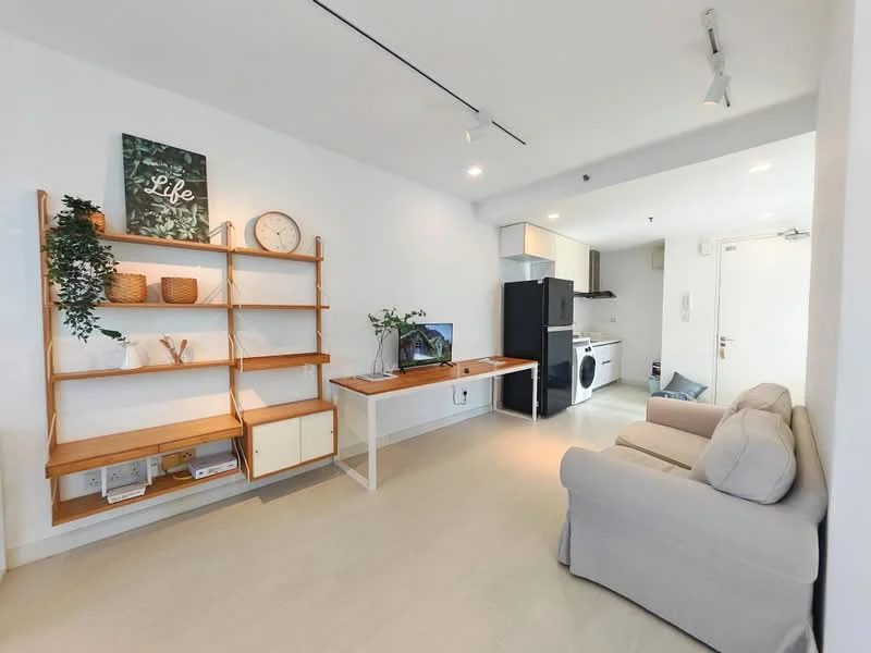 Living features: light wood flooring, white painted walls, shelf unit with decorative items, wall clock, sofa in light fabric, coffee table, television on stand, open kitchen area with cabinetry, refrigerator, built-in oven, washing machine, kitchen countertop, window with natural light; style: modern.