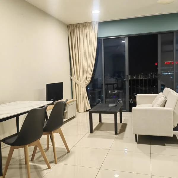 Living features: white painted walls, glossy tile flooring, floor-to-ceiling windows, sheer curtains, sofa in white fabric, coffee table in black, TV console, dining table with 2 black chairs, city view from window, recessed downlights; style: modern; view: city.