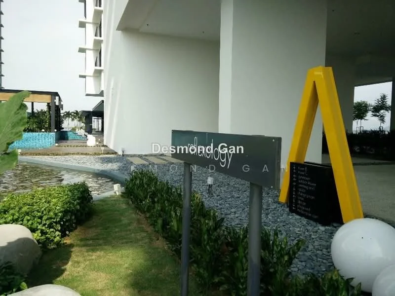 Exterior features: landscaped garden, water feature, stone-paved walkway, modern signage, greenery, pool area, outdoor seating area; style: modern.