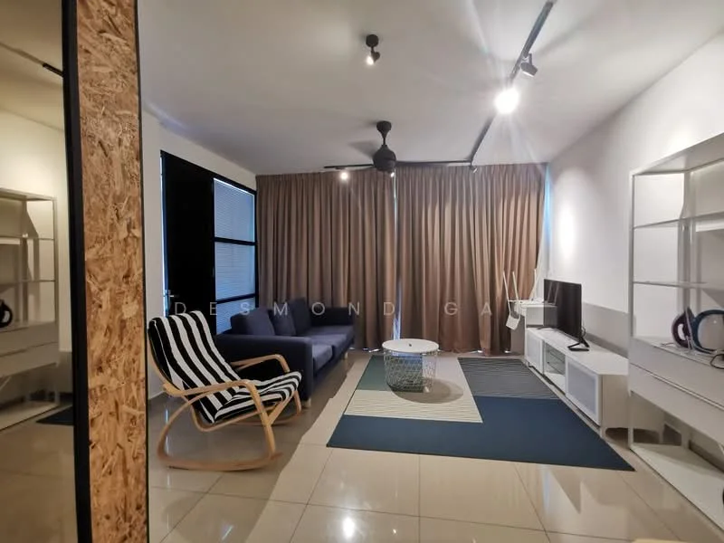 Living features: 3-seater fabric sofa in navy blue, rocking chair with wooden frame, coffee table with glass top, area rug with geometric pattern, TV console in white, wall-mounted TV, floor-to-ceiling windows with sheer curtains, ceiling fan, recessed downlights, cream painted walls, glossy tile flooring; style: modern.