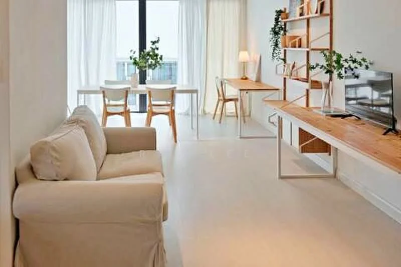 Living features: 3-seater fabric sofa in cream, wooden coffee table, wall-mounted TV, open shelving unit, floor-to-ceiling windows, sheer curtains, light wood flooring, decorative plants, desk with chair, dining table with chairs, table lamp; style: modern; view: city.