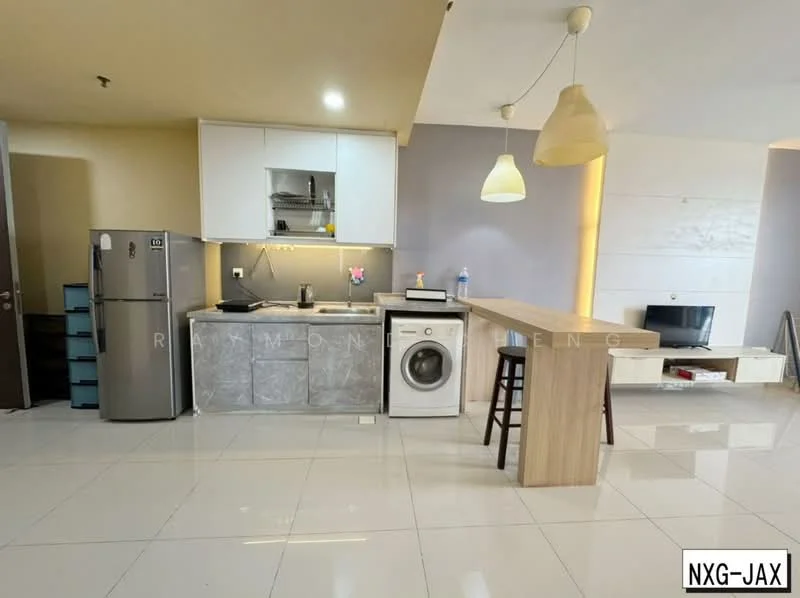 Kitchen features: white cabinetry, grey marble countertop, stainless-steel fridge, built-in oven, washing machine, single-bowl stainless-steel sink, chrome pull-down faucet, pendant light, ceramic tile flooring, open shelving, bar counter with stools, wall-mounted TV; style: modern.