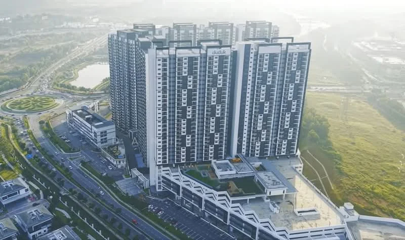Exterior type: high-rise condominium; features: glass curtain wall, white painted facade, recessed balconies, multiple storeys, landscaped garden area, surrounded by greenery, parking deck, swimming pool area, children's playground, jogging track, modern architectural design; style: modern.
