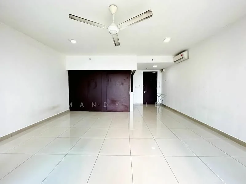 Living features: white painted walls, polished ceramic tile flooring, 5-blade ceiling fan with light, 1 wall-mounted split AC, recessed downlights, door to hallway, large windows, neutral color scheme; style: modern.