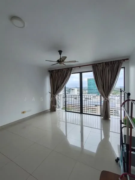 Living features: white painted walls, glossy ceramic tile flooring, 5-blade ceiling fan with light, floor-to-ceiling windows, sliding glass door, sheer curtains, balcony view, recessed lighting; style: modern; view: city.