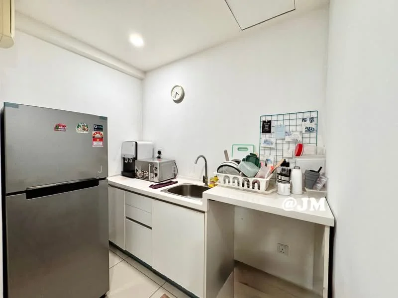 Kitchen features: white painted walls, ceramic tile flooring, single-bowl stainless-steel sink, chrome pull-down faucet, white cabinetry, built-in countertop, stainless-steel fridge, microwave, dish rack, kitchen utensils, wall clock; style: modern.