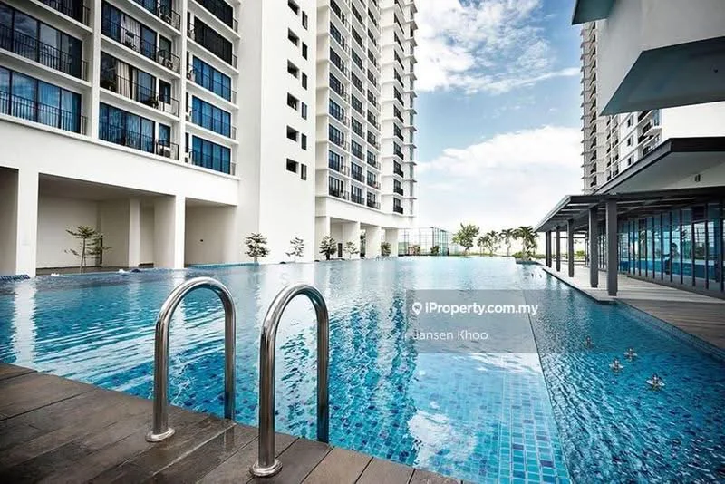 Exterior type: high-rise condominium; features: infinity pool, pool deck with loungers, glass curtain wall, balconies on upper floors, manicured landscaping, tropical trees, wooden decking, surrounding high-rise buildings; style: modern.