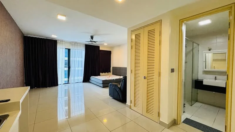 Room features: white painted walls, brown accent wall, glossy tile flooring, floor-to-ceiling windows, blackout curtains, ceiling fan, queen-size bed, leather armchair, built-in wardrobe with louvered doors, bathroom door, mirror above sink, shower enclosure; style: modern; view: city.
