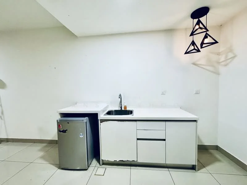 Kitchen features: white cabinetry, single-bowl stainless-steel sink, chrome pull-down faucet, white countertop, built-in under-counter fridge, pendant light with geometric design, tile flooring, plain white walls; style: modern.