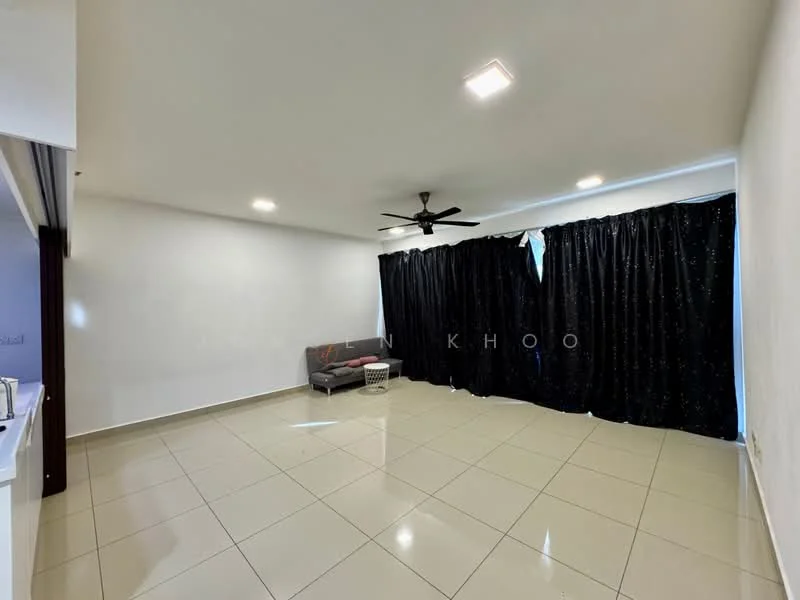 Living features: white painted walls, glossy tile flooring, 5-blade ceiling fan with light, blackout curtains, sofa, coffee table, recessed lighting, open layout; style: modern.