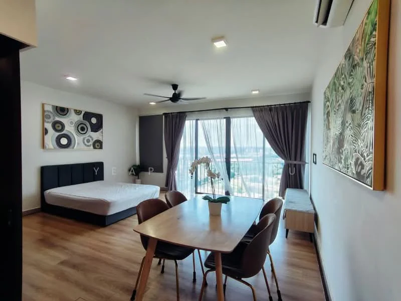 Living features: floor-to-ceiling windows, grey curtains, 5-blade ceiling fan with light, wooden flooring, dining table with 4 chairs, upholstered bed frame, abstract wall art, decorative painting, wall-mounted air conditioning unit; style: modern; view: city.
