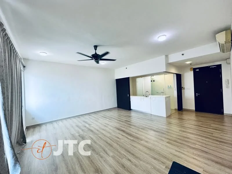 Living features: light wood laminate flooring, white painted walls, 5-blade ceiling fan with light, recessed downlights, large window with sheer curtains, open layout to kitchen, air conditioning unit, neutral color scheme; style: modern. Kitchen features: white cabinetry, countertop with sink, built-in appliances, open layout to living area; style: modern.