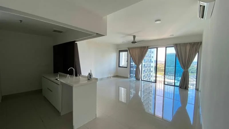 Living features: white painted walls, glossy tile flooring, 5-blade ceiling fan with light, floor-to-ceiling windows, sliding glass door, sheer curtains, natural light, open layout, city view; style: modern; view: city. Kitchen features: white cabinetry, single-bowl stainless-steel sink, chrome pull-down faucet, countertop with overhang, built-in appliances, open kitchen layout; style: modern.