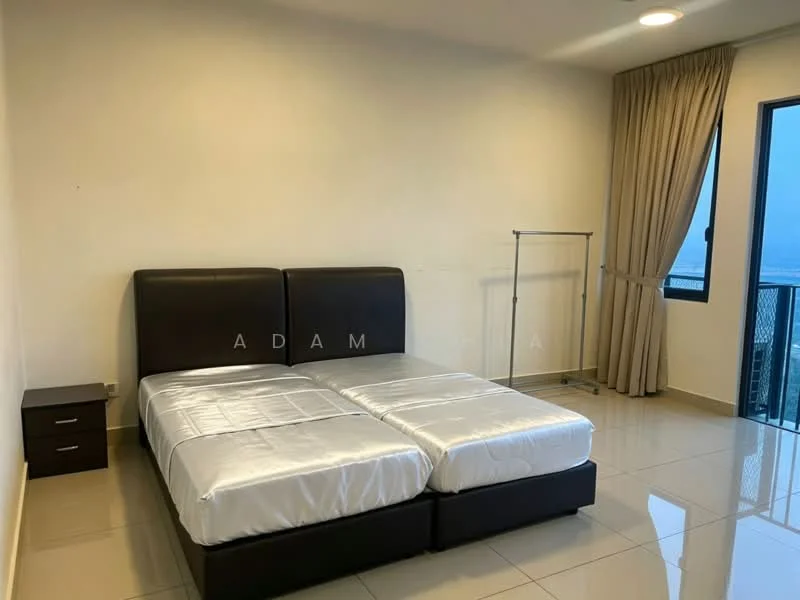 Bedroom features: king-size bed, upholstered headboard, white bedding, nightstand with drawer, floor-to-ceiling window, curtains, glossy tile flooring, wall-mounted clothing rack, neutral painted walls, recessed ceiling lights; style: modern; view: city.