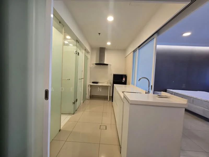 Kitchen features: white cabinetry, marble countertop, stainless-steel sink, chrome pull-down faucet, built-in oven, stainless-steel range hood, ceramic tile flooring, recessed downlights; style: modern. Bathroom features: glass shower enclosure, chrome basin mixer, white tiled walls, ceramic tile flooring; style: modern.