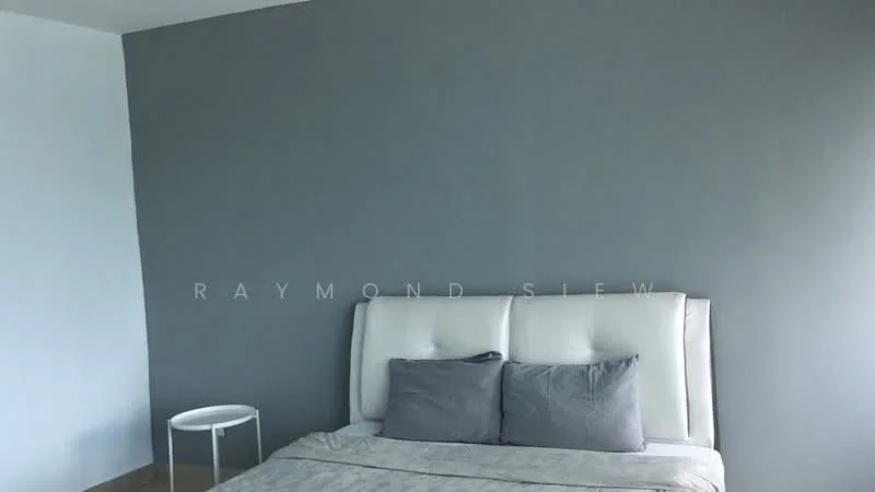 Bedroom features: grey accent wall, white painted walls, queen-size bed, upholstered headboard, bedding in neutral tones, side table, laminate flooring, natural light from window; style: modern.