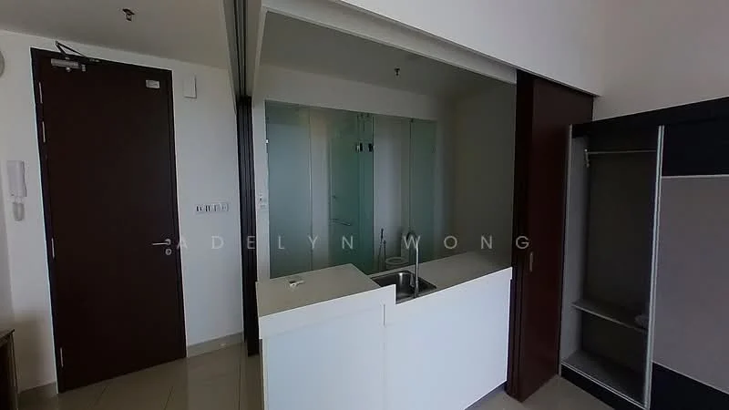 Room features: white painted walls, tile flooring, glass partition, built-in cabinetry, countertop, door, light fixtures, open layout; style: modern.