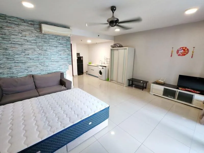 Living features: grey fabric sofa, white mattress on bed frame, white tiled flooring, exposed brick accent wall in blue tones, ceiling fan, wall-mounted TV, white TV console, black coffee table, built-in wardrobe, kitchenette with black appliances, refrigerator, washing machine, sink, countertop with storage; style: modern.