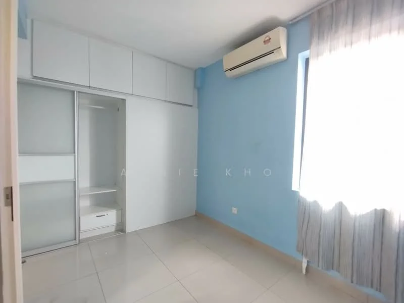 Bedroom features: light blue painted walls, glossy tile flooring, built-in wardrobe with sliding doors, window with sheer curtains, 1 wall-mounted split AC, neutral-colored curtains, ceiling light fixture; style: modern.