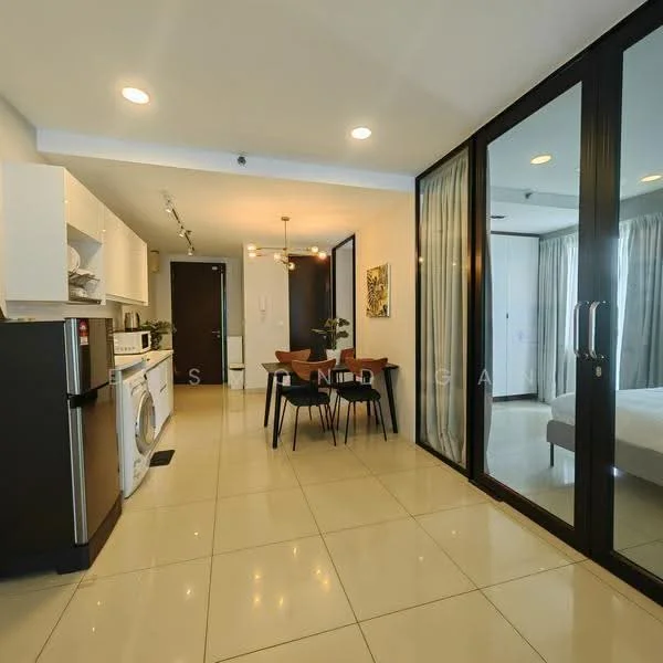 Kitchen features: white cabinetry, black countertop, stainless-steel fridge, built-in washing machine, ceramic tile flooring, recessed downlights, open shelving, kitchen island, 4-burner gas hob, microwave, dining table with 4 chairs; style: modern. Living features: floor-to-ceiling glass door, curtains, wall-mounted artwork, dining area, open layout; style: modern. Bedroom features: queen-size bed, bedside table, built-in wardrobe, carpet flooring; style: modern.