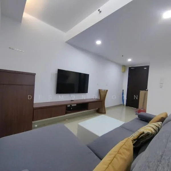 Living features: grey fabric sofa, coffee table, wall-mounted TV, TV console with storage, light-colored flooring, white painted walls, recessed lighting, floor-to-ceiling windows, curtains, decorative cushions; style: modern.