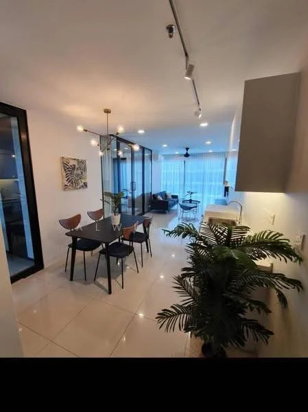 Dining features: 6-seater dining table, wooden dining chairs, pendant light fixture, white walls, glossy tile flooring, floor-to-ceiling windows, plant in ceramic pot, open layout to living area; style: modern; view: city. Living features: sofa, coffee table, area rug, floor-to-ceiling windows, view of city skyline; style: modern; view: city.