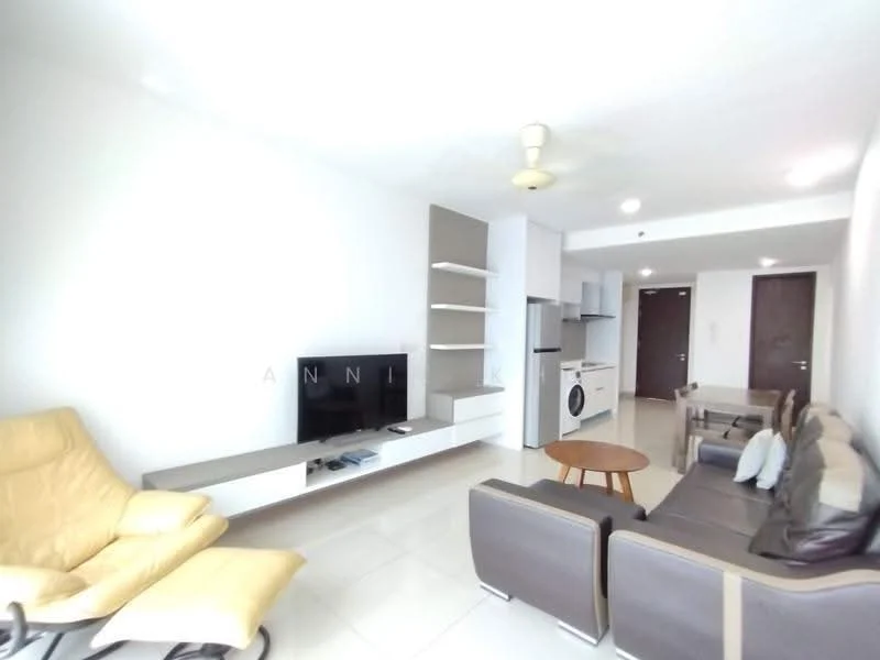 Living features: cream painted walls, glossy tile flooring, 5-blade ceiling fan, wall-mounted TV, TV console, sofa with leather upholstery, coffee table, dining table with chairs, recliner chair, open layout, built-in shelving unit; style: modern.