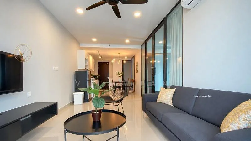 Living features: 3-seater fabric sofa in grey, decorative cushion, black coffee table, wall-mounted TV, TV console, recessed LED downlights, ceiling fan, floor-to-ceiling windows, sliding glass door, light-colored walls, glossy tile flooring, indoor plant; style: modern; view: city. Kitchen features: white cabinetry, stainless-steel fridge, built-in oven, freestanding range oven, countertop, open layout; style: modern.