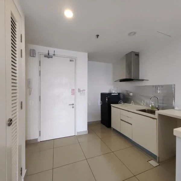 Kitchen features: white cabinetry, stainless-steel sink, chrome pull-down faucet, granite countertop, tile backsplash, built-in oven, freestanding fridge, ceramic tile flooring, recessed downlights, wall-mounted extractor hood, kitchen island, open shelving, door leading to hallway; style: modern.
