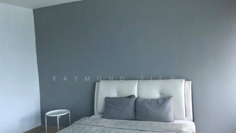 Bedroom features: grey accent wall, white painted walls, queen-size bed, upholstered headboard, grey bedding, 2 grey pillows, nightstand, wooden flooring; style: modern.