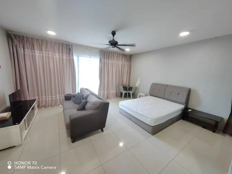 Bedroom features: queen-size bed with upholstered headboard, 3-seater fabric sofa in grey, white bed linens, white tile flooring, floor-to-ceiling windows with sheer curtains, ceiling fan with light, wall-mounted TV console, side table, decorative wall art, neutral painted walls; style: modern.