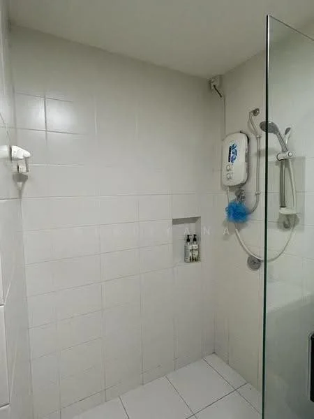 Bathroom features: white tiled walls, white tiled flooring, glass shower enclosure, rain shower head, handheld shower, wall-mounted shower control, built-in niche for toiletries, shower mat, soap dispenser, blue loofah; style: modern.