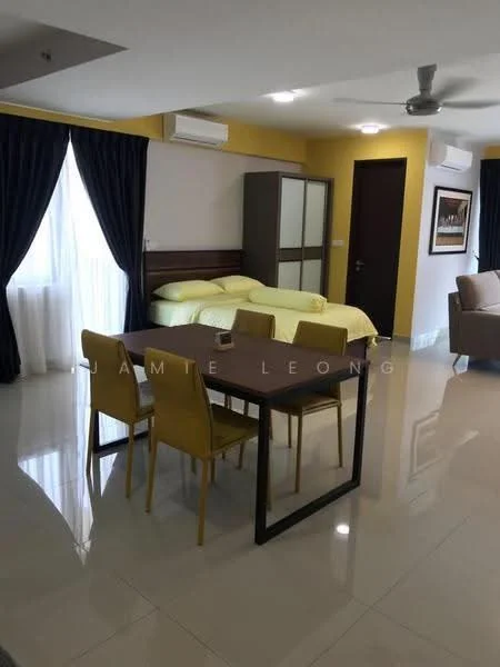 Living features: cream painted walls, white ceiling, recessed downlights, 5-blade ceiling fan, floor-to-ceiling windows with sheer curtains, dining table with 4 yellow chairs, sofa, bed with yellow bedding, built-in wardrobe, tile flooring; style: modern.
