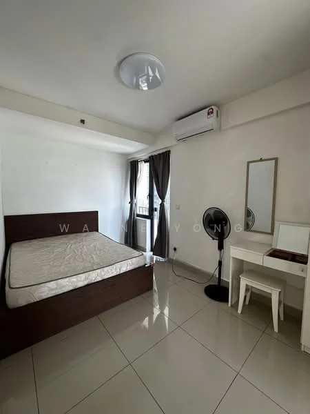 Bedroom features: queen-size bed frame without mattress, white painted walls, glossy tile flooring, 1 wall-mounted split AC, floor-to-ceiling window with sheer curtains, black standing fan, white dressing table with mirror, single chair, ceiling light fixture; style: modern.