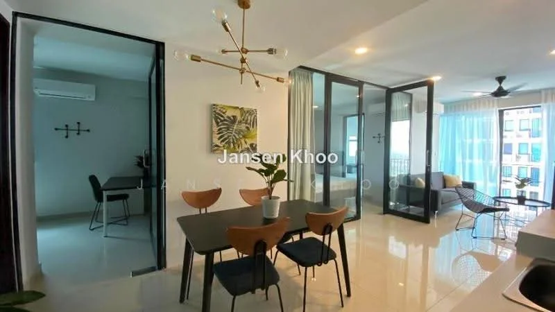 Dining features: dining table with four chairs, pendant light fixture, white walls, marble tile flooring, floor-to-ceiling windows, view of city skyline, indoor plants, open layout to living area; style: modern; view: city. Living features: sofa, coffee table, floor-to-ceiling windows, curtains, ceiling fan, light-colored walls, marble tile flooring, decorative wall art; style: modern; view: city. Study features: small table with two chairs, wall-mounted air conditioning unit, grey walls, floor-to-ceiling windows, view of city skyline; style: modern; view: city.
