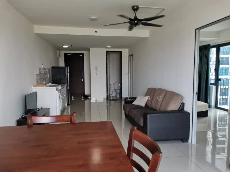Living features: 3-seater fabric sofa in brown, wooden dining table with 4 chairs, wall-mounted TV, ceiling fan, large windows with city view, glossy tile flooring, neutral painted walls, open layout to dining area; style: modern; view: city. Room features: doorway leading to bathroom, doorway leading to bedroom, neutral painted walls, glossy tile flooring.