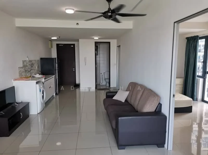 Living features: 3-seater fabric sofa in brown, wall-mounted TV, coffee table, ceiling fan, recessed downlights, glossy tile flooring, open layout, large window with city view; style: modern; view: city. Room features: white walls, grey accent wall, doorway leading to bathroom, laundry area with washing machine.