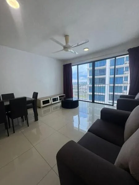 Living features: grey fabric sofa, 3-seater sofa, black round coffee table, white TV console, dining table for 4, 4 black dining chairs, floor-to-ceiling windows, curtains in dark red, ceiling fan, glossy tile flooring, white painted walls, natural light from windows; style: modern; view: city.