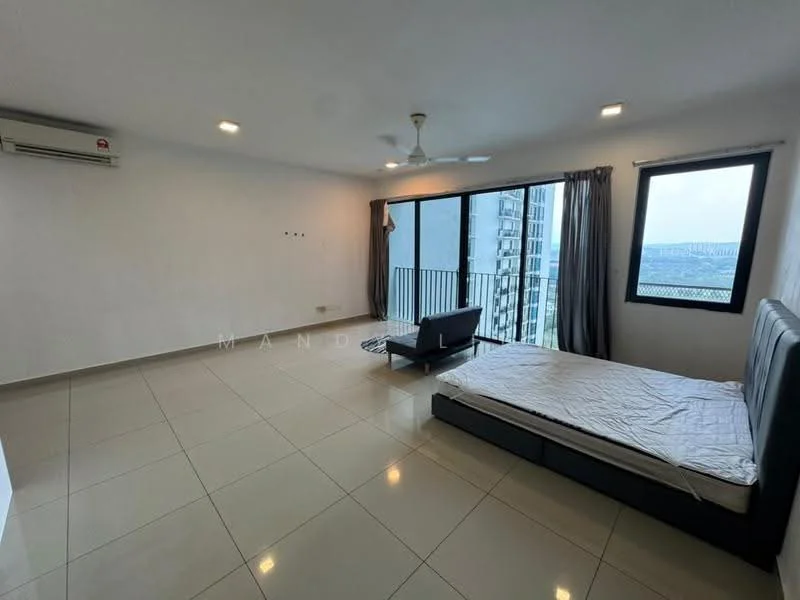 Bedroom features: floor-to-ceiling windows, sliding glass door, balcony access, white painted walls, ceramic tile flooring, 5-blade ceiling fan, air conditioning unit, black upholstered bed frame, mattress on bed frame, curtains, natural light, view of city skyline; style: modern; view: city.