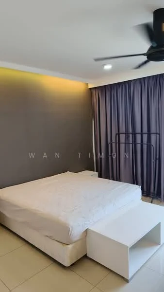 Bedroom features: queen-size bed, white bedding, grey accent wall, floor-to-ceiling windows, dark curtains, ceiling fan, tile flooring, nightstand; style: modern.