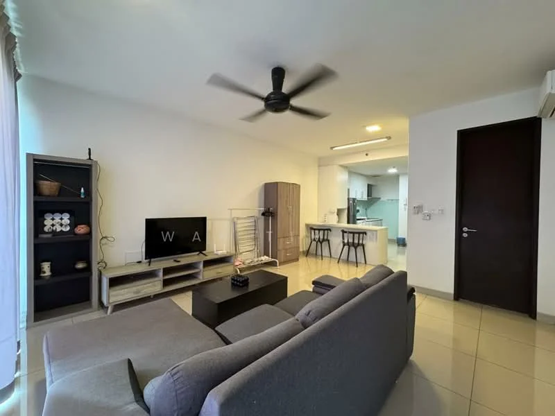 Living features: 3-seater fabric sofa in grey, coffee table, TV console, wall-mounted TV, ceiling fan, tile flooring, large window with sheer curtains, decorative shelving unit, open layout to kitchen, neutral painted walls; style: modern. Kitchen features: kitchen island with bar stools, built-in cabinets, stainless-steel sink, countertop, refrigerator, oven, cooktop, tile backsplash, light fixtures; style: modern.