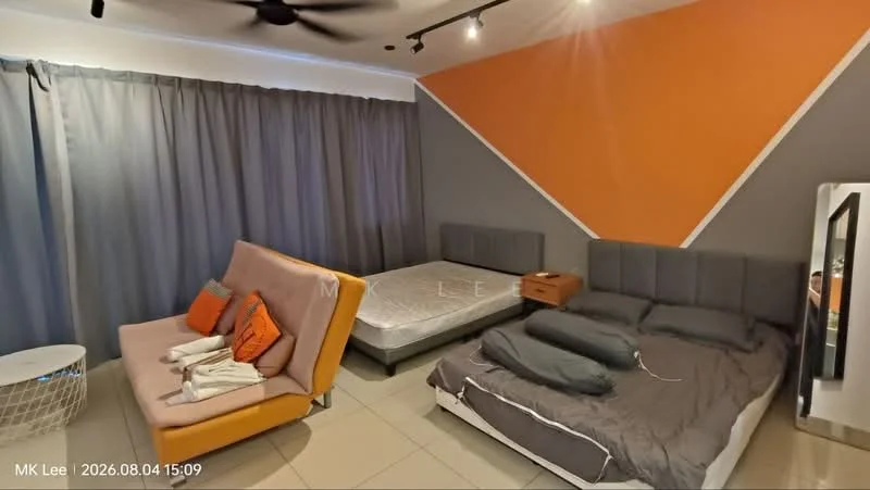Bedroom features: orange accent wall, grey painted walls, tile flooring, 5-blade ceiling fan, queen-size bed with grey bedding, sofa bed in orange, nightstand with drawer, large window with grey curtains, decorative pillows in orange, mirror with black frame; style: modern.