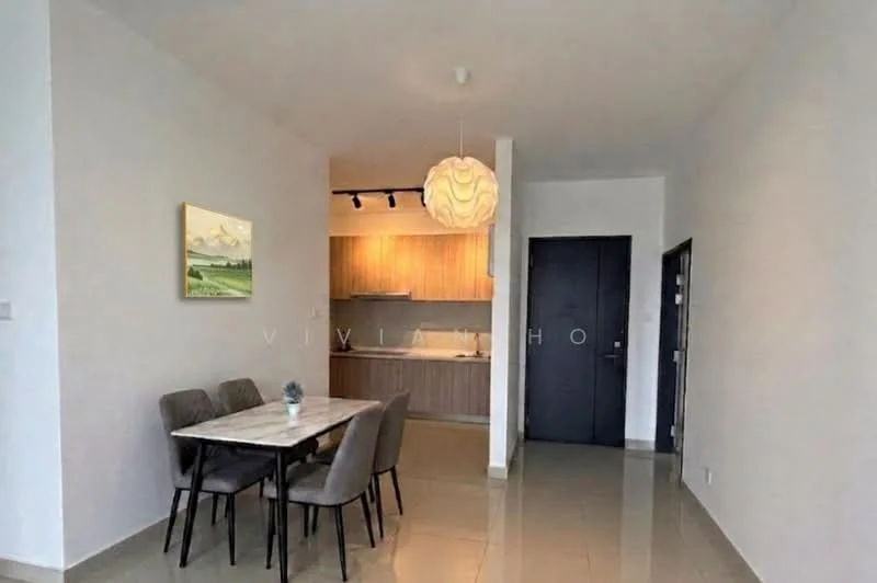 Dining features: 4-seater dining table, grey upholstered dining chairs, pendant light fixture, cream painted walls, glossy tile flooring, open layout to kitchen, wall-mounted artwork, recessed ceiling lights; style: modern. Kitchen features: wood cabinetry, countertop with bar seating, stainless-steel appliances, open-plan layout, under-cabinet lighting; style: modern.