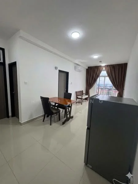 Living features: white painted walls, glossy tile flooring, recessed ceiling lights, wall-mounted split AC, dining table with four chairs, wooden dining table, grey refrigerator, floor-to-ceiling windows with curtains, view of the outside, neutral color scheme; style: modern; view: city.