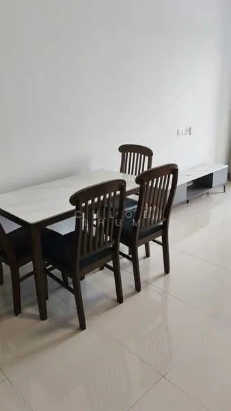 Dining features: marble dining table, 4 wooden dining chairs, white painted walls, glossy tile flooring, TV console, minimalist design; style: modern.