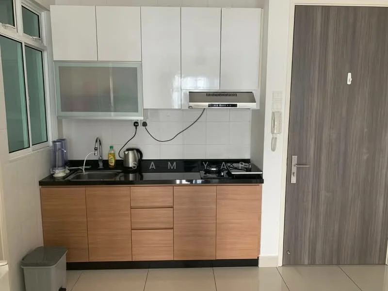 Kitchen features: black granite countertop, white upper cabinets, wooden lower cabinets, built-in stainless-steel range hood, 2-burner gas hob, single-bowl stainless-steel sink, chrome pull-down faucet, tile backsplash, refrigerator, kettle, blender, wall-mounted phone, floor tiles, window above sink; style: modern.