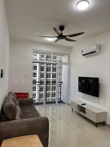Living features: 3-seater fabric sofa in grey, wooden coffee table, wall-mounted TV, TV console, floor-to-ceiling windows, sliding glass door, balcony access, recessed LED downlights, 5-blade ceiling fan, wall-mounted air conditioning unit, glossy tile flooring, white painted walls; style: modern; view: city.