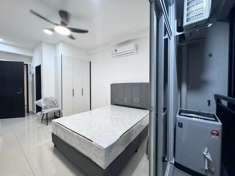 Bedroom features: queen-size bed, upholstered headboard, 2 bedside lamps, built-in wardrobe with sliding doors, wall-mounted split AC, ceiling fan, white painted walls, tile flooring, window with view to balcony, laundry machine, decorative chair; style: modern.