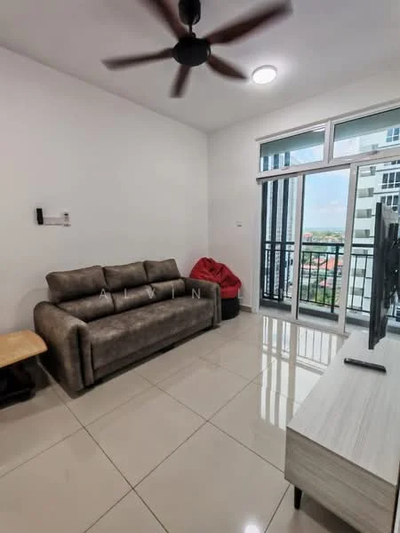 Living features: 3-seater fabric sofa in grey, coffee table, wall-mounted TV, floor-to-ceiling windows, sliding glass door, balcony access, ceiling fan, glossy tile flooring, white painted walls, LED ceiling light; style: modern; view: city.