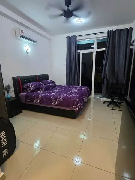 Bedroom features: king-size bed with upholstered headboard, purple floral bedding, 2 bedside tables, black bedside lamps, wall-mounted air conditioning unit, floor-to-ceiling windows, blackout curtains, tile flooring, ceiling fan with light, study desk with chair, TV console, decorative wall light; style: modern; view: city.
